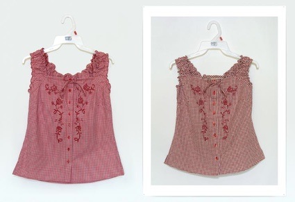 Zoe Sheehan, Shopdropping. Faded Glory Ruched Shoulder Tank (China Red), 2003. Left: purchased item - Right: photograph of duplicate